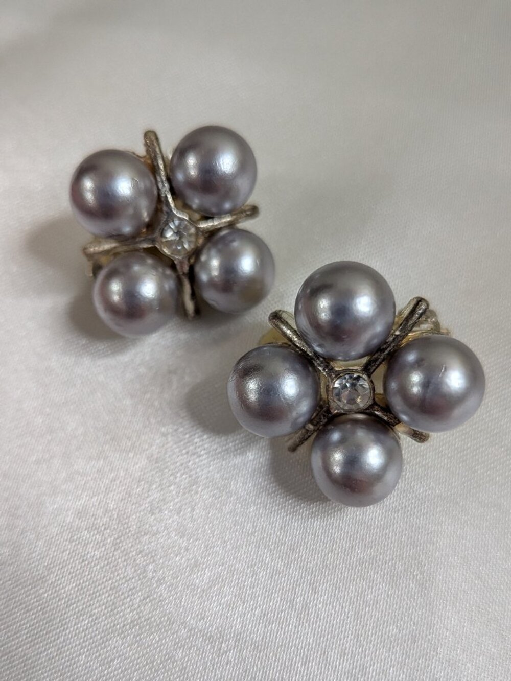 Vintage Silver Tone Cluster Clip‑On Earrings — Faux Pearls & Rhinestone Center
